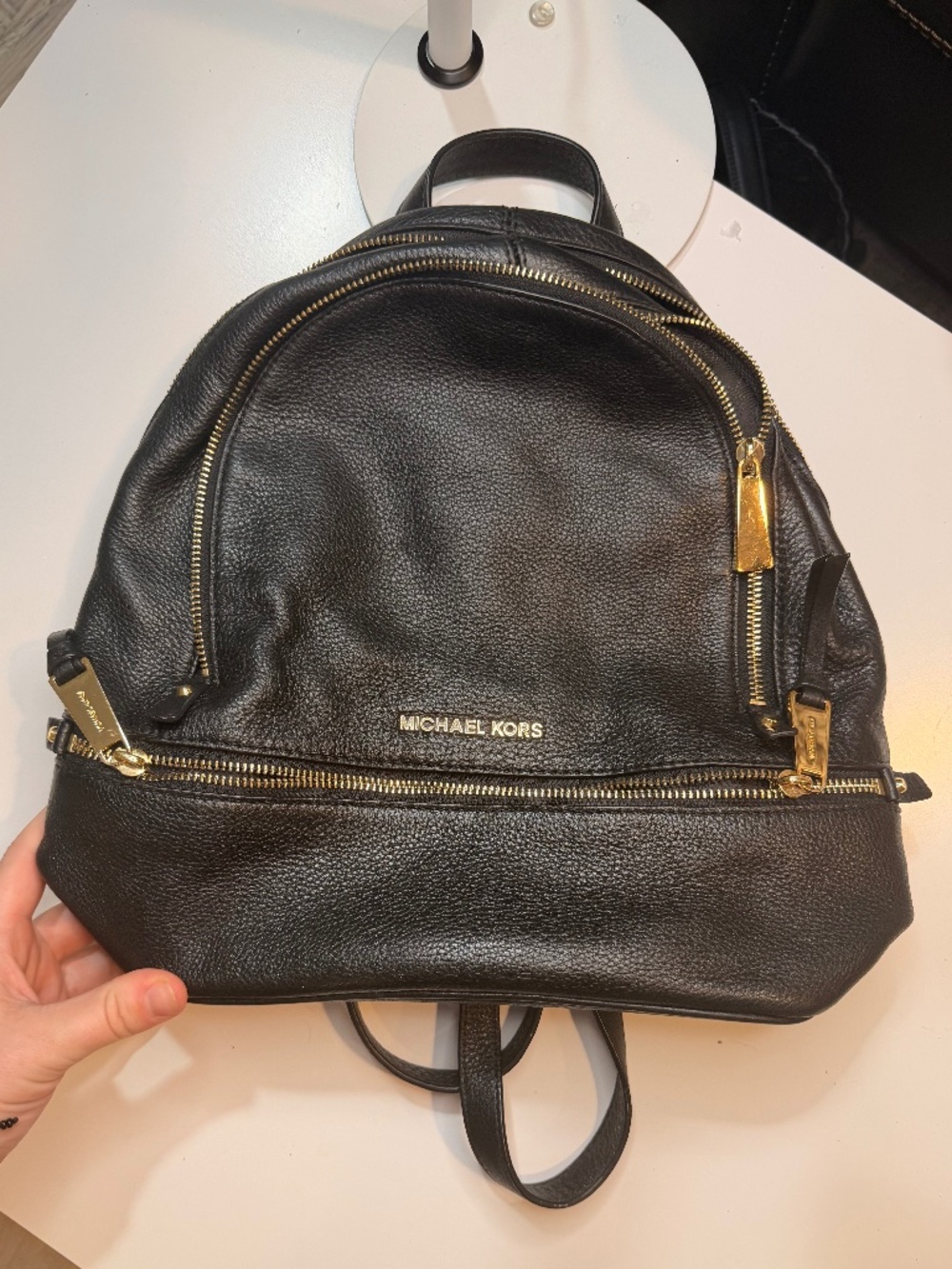 Michael Kors Rhea Medium Black Pebbled Leather Backpack Bag